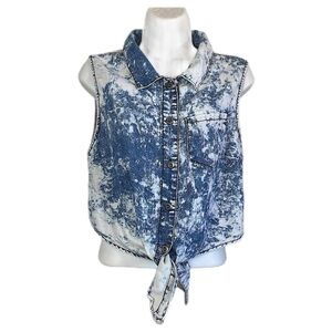 Chiole button down womens tie front sleeveless acid wash blouse